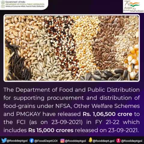 The Dept. of Food and Public Distribution have released #funds under NFSA , Other Welfare Schemes and #PMGKAY to the FCI