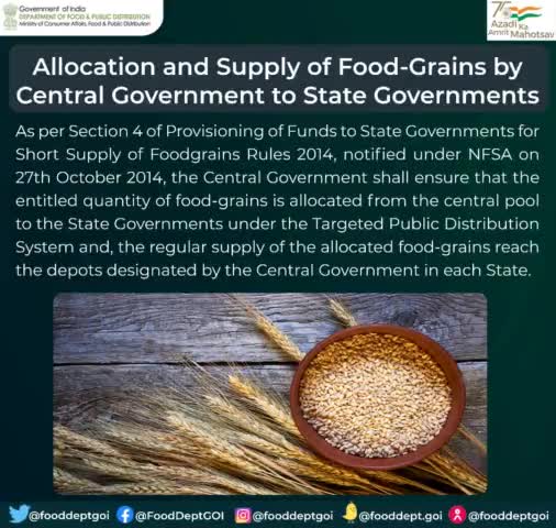 Allocation and Supply of Food-Grains by Central Govt. to State Governments. 

#DFPD #NFSA #food #funds #Centralgovt