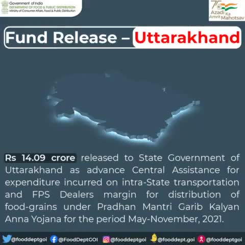 Fund Released to State Govt. of Uttarakhand under PMGKAY. 

#DFPD #NFSA #Govt #FPS #PMGKAY