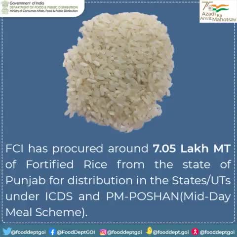 FCI has procured Fortified Rice from the state of Punjab.
#fortifiedrice #punjab