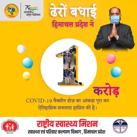 ढेरों बधाई हिमाचल प्रदेश ने १ करोड़ कोविड  -१९ वैक्सीन डोज़ का आंकड़ा पूरा कर ऐतिहासिक सफलता हासिल की है |

#LargestVaccineDrive  #Unite2FightCorona