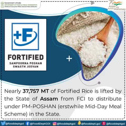 Fortified #Rice is lifted by the State of Assam from FCI to distribute under PM-POSHAN in the state.