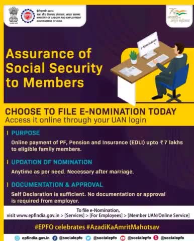 File e-Nomination today online through UAN, to ensure #SocialSecurity for your family/nominee.

#EPFO #PF #Services #Pension #ईपीएप #पीएफ #AmritMahotsav