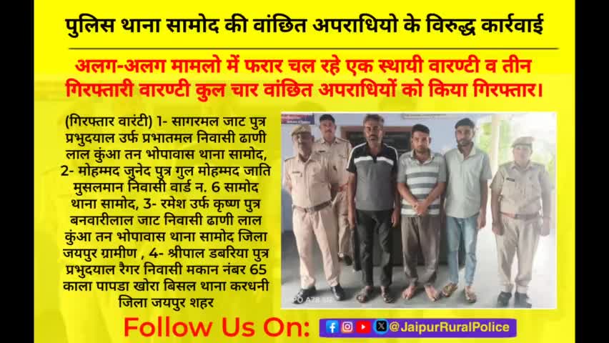 पुलिस थाना #सामोद ने अलग-अलग मामलो में फरार चल रहे एक स्थायी वारण्टी व तीन गिरफ्तारी वारण्टियों को किया गिरफ्तार।