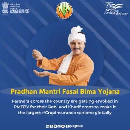 Pradhan Mantri Fasal Bima Yojana
Farmers across the country are getting enrolled in #PMFBY for their #Rabi and #Kharif crops to make it the largest #cropinsurance scheme globally.