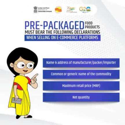 When selling on #ecommerce platforms, prepackaged food products must include important information like Name and address of manufacturer/packer/importer, Common & Generic names of commodities, MRP, and Net Quantity.