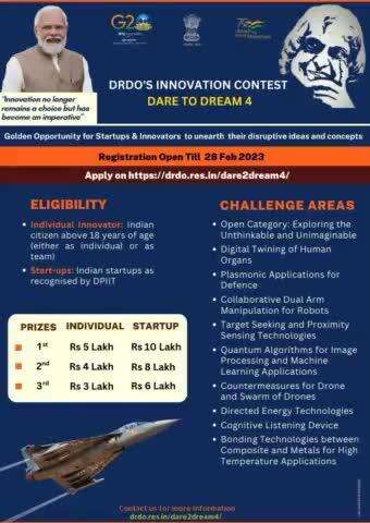 #DRDO's #DareToDream Innovation Contest provides a unique opportunity to start-ups/ innovators to offer ideas to solve challenges in emerging technologies in #Defence and #Aerospace.Register by month end.