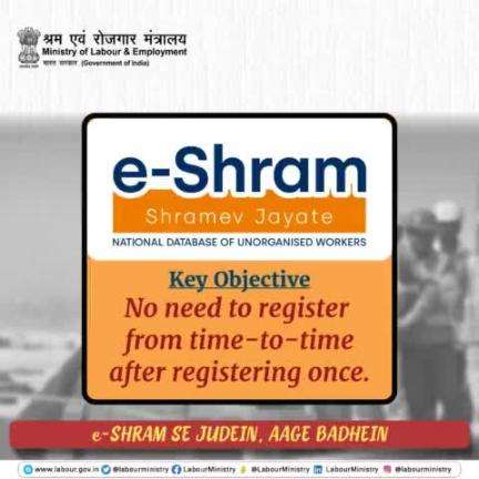 On the principal of 'One Nation, One Registration', Unorganised Workers are now being linked through a simplified system. Register today on www.eshram.gov.in to get connected with all the benefits of Government schemes.
#shramevjayate