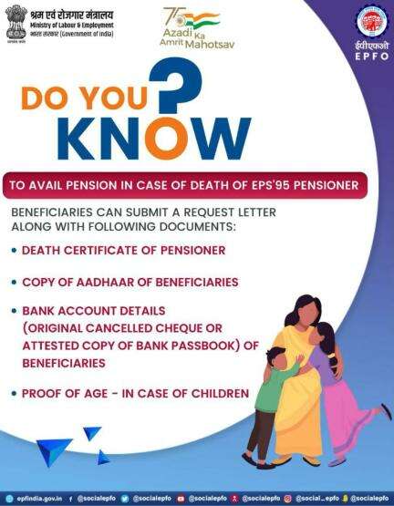 Documents required to avail pension in case of death of EPS 95 pensioner 

#EPFO #SocialSecurity #EPS #PF #amritmahotsa