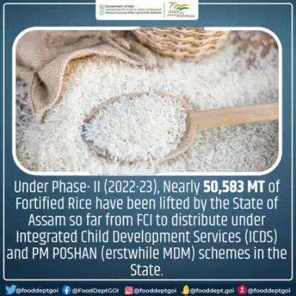 Under Phase- II (2022-23), Nearly 50,583 MT of #FortifiedRice have been lifted by the State of #Assam so far from #FCI to distribute under Integrated Child Development Services (#ICDS) and PM POSHAN (erstwhile MDM) schemes in the State.