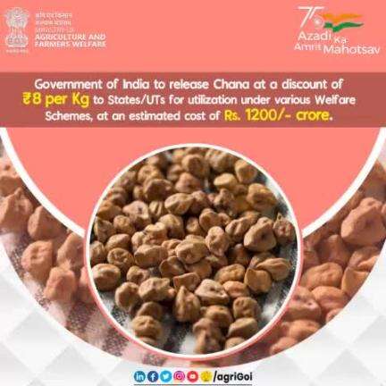 Government of India to release Chana at a discount of 8 per Kg to States/UTS for utilization under various Welfare Schemes, at an estimated cost of Rs. 1200/- crore.
#agriculture #agrigoi #PIB #mygov