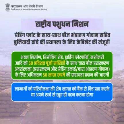 केबिनेट की मंजूरी: ग्रेडिंग प्लांट के साथ-साथ बीज भंडारण गोदाम सहित बुनियादी ढांचे की स्थापना के 50 लाख रुपये की सहायता प्रदान की जाएगी । #national_livestock_mission #Fodder