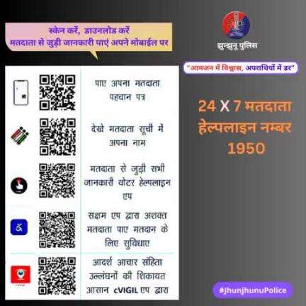 स्केन करें, डाउनलोड करें। मतदाता से जुड़ी जानकारी पाएं अपने मोबाईल पर 
#JhunjhunuPolice 
#लोकसभा_चुनाव_2024
#मतदाता_जागरूकता, 
जागरूक मतदाता है सशक्त लोकतंत्र की पहचान