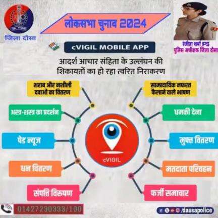 #लोकसभा_चुनाव 2024 में किसी भी तरह की #आचार_संहिता उल्लघंन की सूचना #CVIGIL APP के माध्यम से देवें।
#LokSabhaElection2024 
#dausapolice