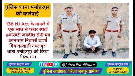 पुलिस थाना #मनोहरपुर ने एक साल से फरार स्थाई #वारण्टी जगदीश सैनी नवलपुरा थाना मनोहरपुर को किया गिरफ्तार।