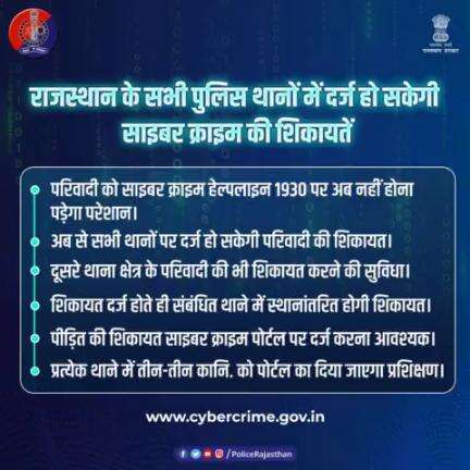 राजस्थान के किसी भी पुलिस थाने पर दर्ज करा सकते हैं #cybercrime की शिकायत।

DGP, SCRB एवं तकनीकी सेवाएं #Rajasthan डॉ.रवि प्रकाश मेहरड़ा ने जारी किए आदेश।