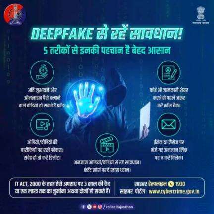 अपनी सुरक्षा अपने हाथ। इन 5 तरीकों 🤚 को रखना याद।

#AI की #DeepFake तकनीक के जरिए बनाया जा रहा है लोगों को शिकार।

डीपफेक का शिकार होने पर साइबर हेल्पलाइन 1930 पर संपर्क करें।