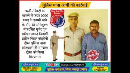 पुलिस थाना #आंधी ने फर्जी रजिस्ट्री के मामले में #फरार 1000 रूपए के इनामी अभियुक्त मोहरसिंह गुर्जर को किया गिरफ्तार।