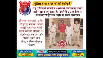 पुलिस थाना #चन्दवाजी ने रोड़ दुर्घटना व पशु क्रुरता के मामलें में 6 साल से फरार दो स्थाई वारंटियों को किया गिरफ्तार।