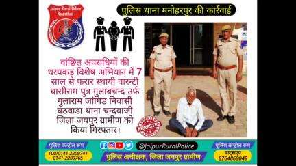 पुलिस थाना #मनोहरपुर ने 7 साल से #फरार स्थायी #वारन्टी घासीराम जांगिड निवासी घठवाडा थाना चन्दवाजी को किया गिरफ्तार।