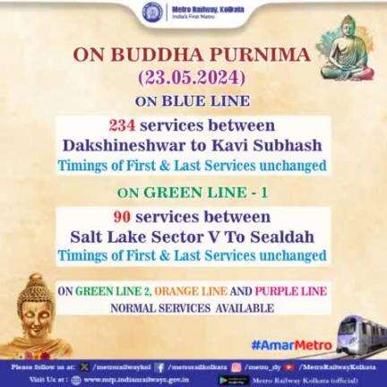 On #BuddhaPurnima,
234 services to run between #Dakshineswar & #KaviSubhash, 90 services to run between #SaltLakeSectorV to #Sealdah.