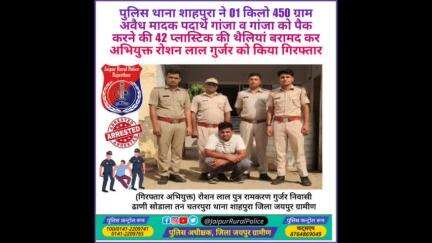 पुलिस थाना #शाहपुरा ने 01 किलो 450 ग्राम अवैध मादक पदार्थ गांजा जब्त कर अभियुक्त रोशन लाल गुर्जर को किया गिरफ्तार