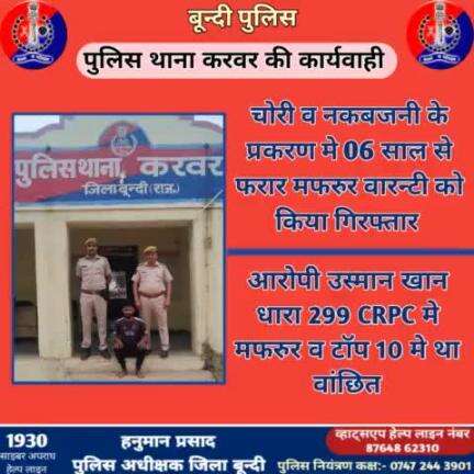 #बून्दी_पुलिस
चोरी व नकबजनी के प्रकरण मे 06 साल से फरार मफरुर वारन्टी उस्मान करीमनगर जयपुर से #गिरफ्तार ।
आरोपी धारा 299 सीआरपीसी मे मफरुर व टॉप 10 मे था वांछित