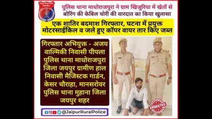 पुलिस थाना #माधोराजपुरा ने खेतों से केबिल #चोरी करने के शातिर बदमाश को किया गिरफ्तार ।