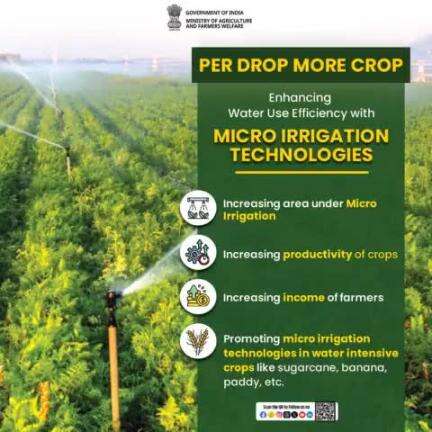 Enhancing Water Use Efficiency with Micro Irrigation Technologies!

#PerDropMoreCrop scheme focuses on enhancing water use efficiency at the farm level through #MicroIrrigation (Drip & Sprinkler