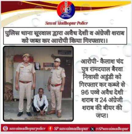 #SawaiMadhopur पुलिस थाना सूरवाल द्वारा अवैध देशी व अंग्रेजी शराब को जप्त कर आरोपी किया गिरफ्तार।