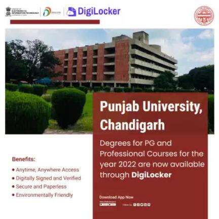 Punjab University, Chandigarh, Degrees for PG and Professional Courses for the year 2022 are now available on #DigiLocker. Enjoy the convenience of anytime, anywhere access to secure, digitally signed and paperless documents. #DigitalIndia