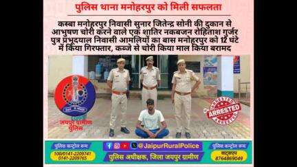 पुलिस थाना मनोहरपुर ने सुनार की दुकान से आभुषण #चोरी करने वाले एक शातिर नकबजन को 12 घंटे में किया गिरफ्तार।