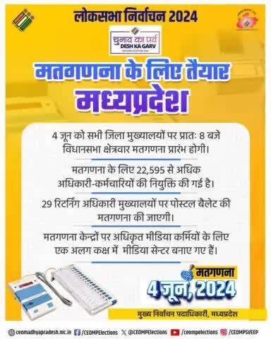 #LokSabhaElections2024
मतगणना के लिए तैयार मध्यप्रदेश 

मध्यप्रदेश के सभी 𝟐𝟗 संसदीय क्षेत्रों की मतगणना 𝟓𝟐 जिला मुख्यालयों पर 𝟎𝟒 जून 𝟐𝟎𝟐𝟒 को प्रातः 𝟖.𝟎𝟎 बजे से होगी।