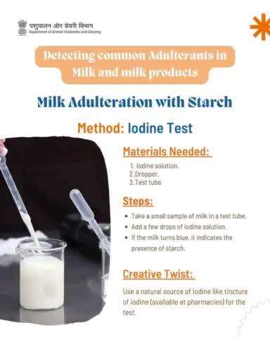 Check for starch in milk with an iodine test!  

A blue color means starch is present. Try using a tincture of iodine for a natural twist!
 #FoodSafety #MilkTesting #DIYScience #PureMilk #worldFoodSafetyday