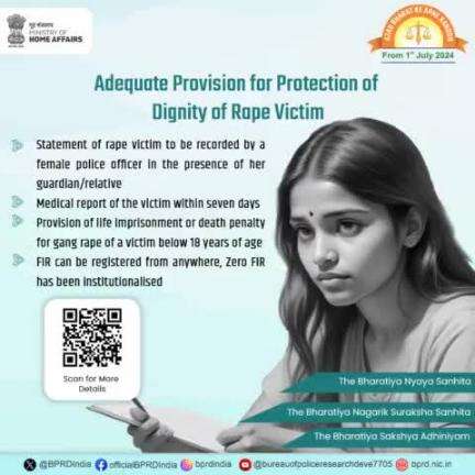 The new criminal laws have provision for recording the statement of the rape victim by a female police officer, otherwise, in the presence of her guardian or relative.

#AzadBharatKeApneKanoon