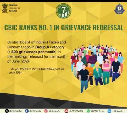 CBIC ranks #1 in group A category in grievance redressal in the month of June 2024.