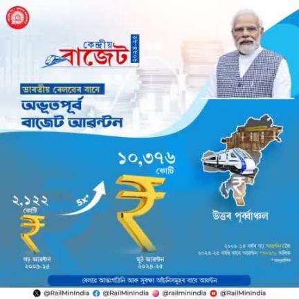 ৰেলৱে উন্নয়নৰ বাবে উত্তৰ-পূৰ্বাঞ্চলৰ ৰাজ্যসমূহত ২০২৪-২৫ চনৰ বাজেটত ১০,৩৭৬ কোটি টকা আবণ্টন

#RecordBudget4Rail