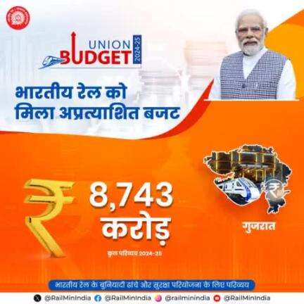 गुजरात को आम बजट 2024-25 में रेल इन्फ्रास्ट्रक्चर के विकास के लिए 8,743 करोड़ रुपये आवंटित किए गए।
#RecordBudget4Rail