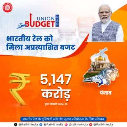 पंजाब को आम बजट 2024-25 में रेल इन्फ्रास्ट्रक्चर के विकास के लिए 5,147 करोड़ रुपये आवंटित हुए हैं।
#RecordBudget4Rail