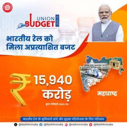आम बजट 2024-25 में महाराष्ट्र को रेल इन्फ्रास्ट्रक्चर के विकास के लिए रिकॉर्ड 15,940 करोड़ रुपये आवंटित किए गए हैं।
#RecordBudget4Rail