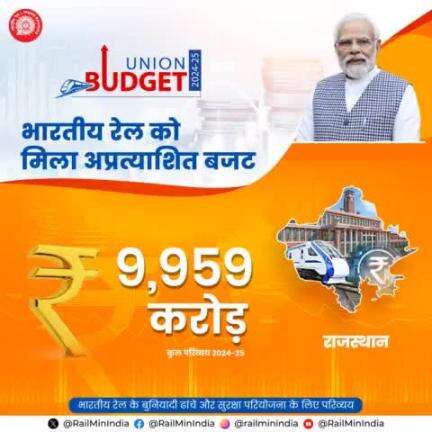 राजस्थान को आम बजट 2024-25 में रेल इन्फ्रास्ट्रक्चर के विकास के लिए रिकॉर्ड 9,959 करोड़ रुपये आवंटित हुए।
#RecordBudget4Rail
