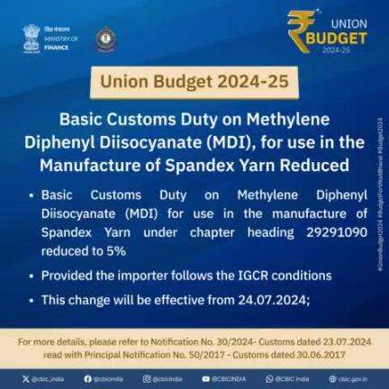 BCD on MDI, for use in manufacture of Spandex yarn reduced 
#UnionBudget2024  #BudgetForViksitBharat #Budget2024