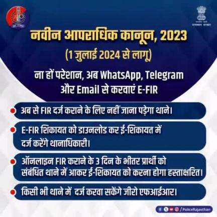 #नवीन_आपराधिक_कानून 2023 के अंतर्गत #WhatsApp, #Telegram और #Email से भी करा सकेंगे E-FIR.

ऑनलाइन #FIR कराने के 3 दिन के भीतर प्रार्थी को संबंधित थाने में आकर ई-शिकायत को करना होगा हस्ताक्षरित।