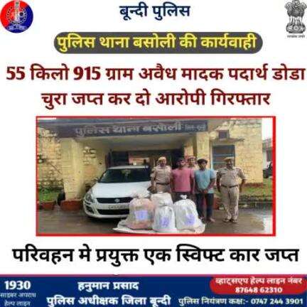 #बसोली 55 किलो 915 ग्राम अवैध मादक पदार्थ डोडा चुरा जप्त कर दो आरोपी #गिरफ्तार

परिवहन मे प्रयुक्त एक स्विफ्ट कार #जप्त