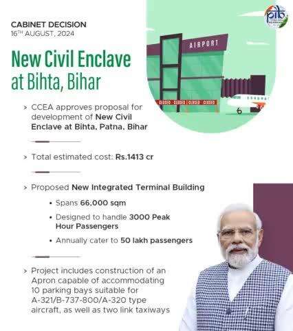 Cabinet approves Development of New Civil Enclave at Bihta, Bihar at an estimated cost of Rs.1413 crore

#CabinetDecisions