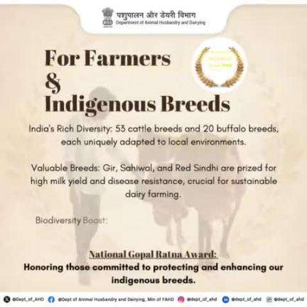 Honoring our farmers and India's indigenous breeds! With 53 cattle and 20 buffalo breeds like #Gir, #Sahiwal, and Red Sindhi, they are the backbone of #sustainable  dairy farming.  #Nationalgopalratnaaward