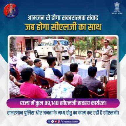 आपके और #राजस्थान_पुलिस के बीच विश्वास एवं सद्भाव कायम करने में सहायक बन रहे हैं #CLG के 89,148 सदस्य।

स्थानीय मुद्दों, विवादों और तीज-त्योहारों में सुरक्षा व्यवस्था में भी करते हैं सहयोग।