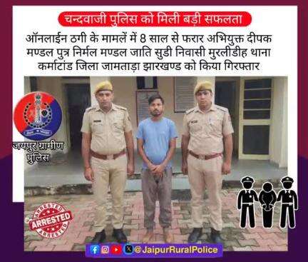 चन्दवाजी पुलिस ने ऑनलाईन #ठगी के मामलें में 8 साल से फरार अभियुक्त को किया गिरफ्तार।