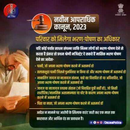 परिवार को मासिक गुजारा भत्ता प्राप्त करने का अधिकार देता है #नवीन_आपराधिक_कानून, 2023।
 
कोर्ट के आदेश की अनुपालना में विफल रहने पर व्यक्ति को दी जा सकती है कारावास और जुर्माने की सजा।