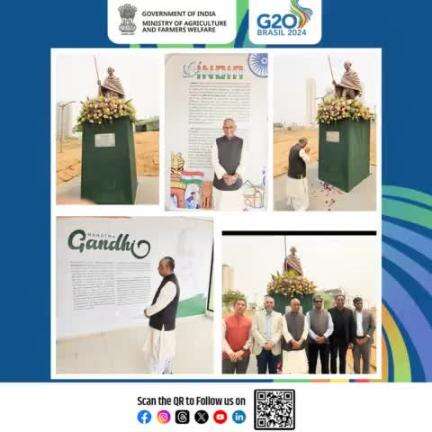 Shri Ramnath Thakur, Hon'ble Union Minister of State for Agriculture and Farmers Welfare, paid tribute to Bapu Mahatma Gandhi at Mahatma Gandhi Park in Cuiabá, Mato Grosso, Brazil. #agrigoi #G20Brazil  #India #Brazil